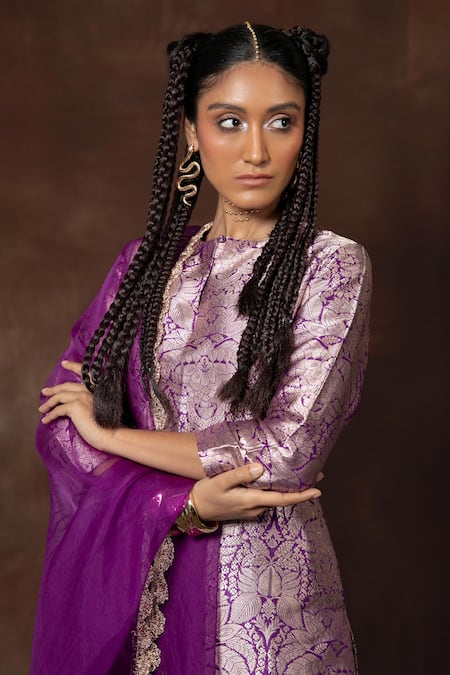 Shop Vishwa By Pinki Sinha Purple Silk Lace Keyhole Neck Woven Floral Blossom Kurta Gharara Set Online at Aza Fashions Shop_Vishwa By Pinki Sinha_Purple Silk Lace Keyhole Neck Woven Floral Blossom Kurta Gharara Set _Online_at_Aza_Fashions