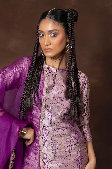 Vishwa By Pinki Sinha Purple Silk Lace Keyhole Neck Woven Floral Blossom Kurta Gharara Set at Aza Fashions Vishwa By Pinki Sinha_Purple Silk Lace Keyhole Neck Woven Floral Blossom Kurta Gharara Set _at_Aza_Fashions