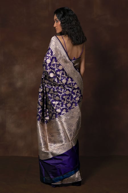 Vishwa By Pinki Sinha Blue Banarasi Silk Floral Vine Saree With Running Blouse Piece 