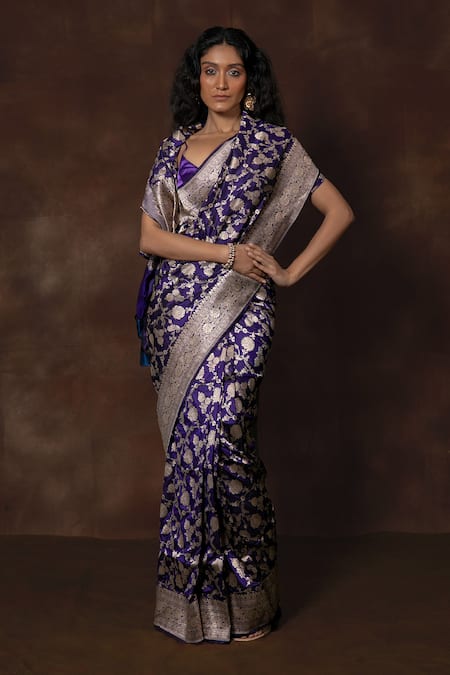 Vishwa By Pinki Sinha Blue Silk Banarasi Floral Vine Saree With Running Blouse Piece Online at Aza Fashions Vishwa By Pinki Sinha_Blue Silk Banarasi Floral Vine Saree With Running Blouse Piece _Online_at_Aza_Fashions