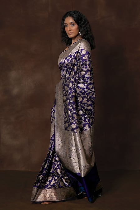 Shop Vishwa By Pinki Sinha Blue Silk Banarasi Floral Vine Saree With Running Blouse Piece Online at Aza Fashions Shop_Vishwa By Pinki Sinha_Blue Silk Banarasi Floral Vine Saree With Running Blouse Piece _Online_at_Aza_Fashions