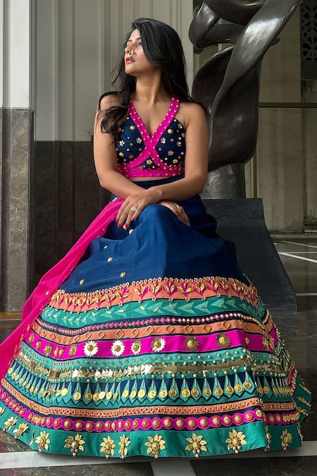 XOXO Apurva Geometric Applique Blue Lehenga Set 