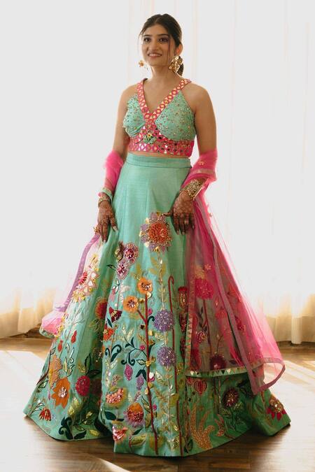 Xoxo Apurva_Green Silk, Organza Beads, Sequins, Applique V-neck Floral Vine Lehenga Set _at_Aza_Fashions