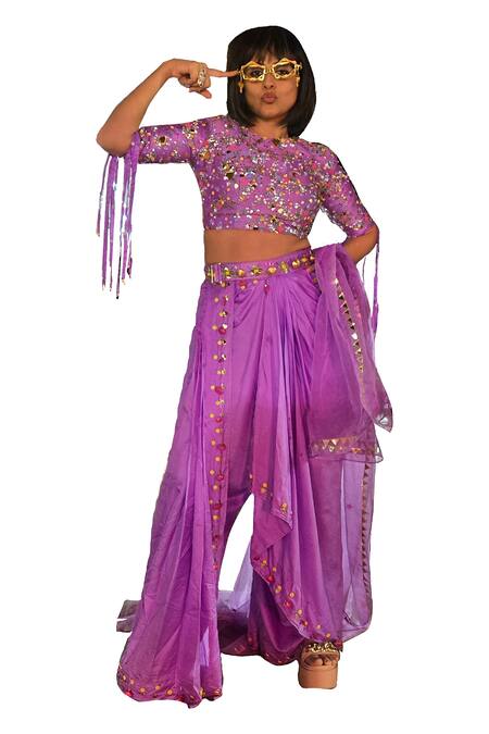 Xoxo Apurva_Purple Crepe Sequins, Beads Round Neck Embellished Blouse Dhoti Pant Set _Online_at_Aza_Fashions