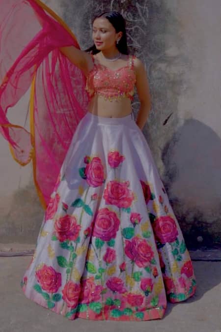 Buy Xoxo Apurva Pink Silk, Chiffon Beads, Sequins Sweetheart Rose Print Embroidered Lehenga Set Online at Aza Fashions Buy_Xoxo Apurva_Pink Silk, Chiffon Beads, Sequins Sweetheart Rose Print Embroidered Lehenga Set _Online_at_Aza_Fashions