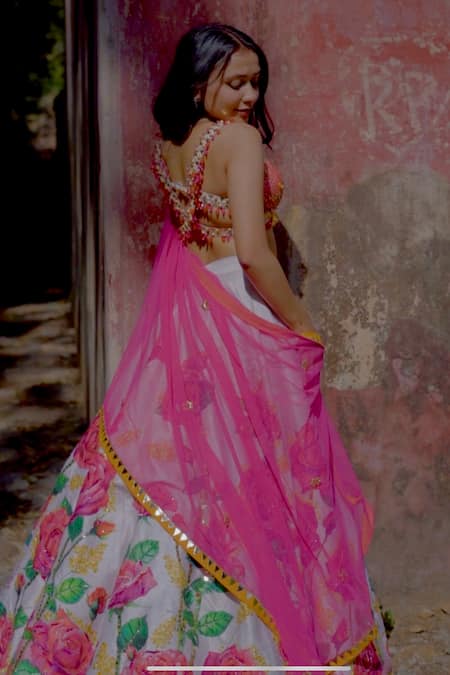Shop Xoxo Apurva Pink Silk, Chiffon Beads, Sequins Sweetheart Rose Print Embroidered Lehenga Set Online at Aza Fashions Shop_Xoxo Apurva_Pink Silk, Chiffon Beads, Sequins Sweetheart Rose Print Embroidered Lehenga Set _Online_at_Aza_Fashions