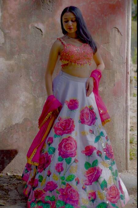 Xoxo Apurva Pink Silk, Chiffon Beads, Sequins Sweetheart Rose Print Embroidered Lehenga Set at Aza Fashions Xoxo Apurva_Pink Silk, Chiffon Beads, Sequins Sweetheart Rose Print Embroidered Lehenga Set _at_Aza_Fashions