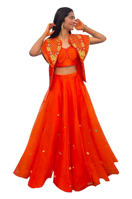 Xoxo Apurva Embellished Orange Lehenga & Cape Set 