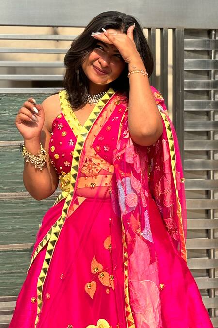 Shop Xoxo Apurva Pink Silk, Organza Sequins, Beads, Applique Embellished Border Lehenga Set Online at Aza Fashions Shop_Xoxo Apurva_Pink Silk, Organza Sequins, Beads, Applique Embellished Border Lehenga Set _Online_at_Aza_Fashions