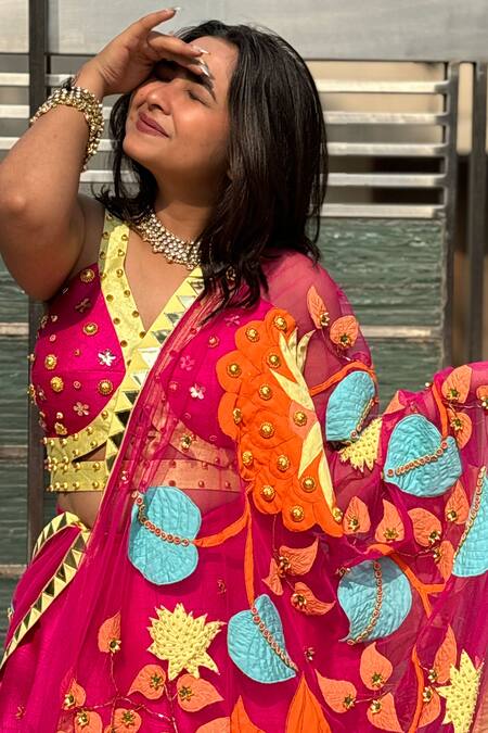 Xoxo Apurva Pink Silk, Organza Sequins, Beads, Applique Embellished Border Lehenga Set at Aza Fashions Xoxo Apurva_Pink Silk, Organza Sequins, Beads, Applique Embellished Border Lehenga Set _at_Aza_Fashions