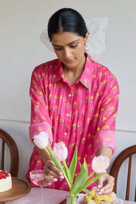 Shop Juanita By Shubhda Pink Chanderi Collared Balloon Sleeve Florette Print Shirt at Aza Fashions Shop_Juanita By Shubhda_Pink Chanderi Collared Balloon Sleeve Florette Print Shirt _at_Aza_Fashions