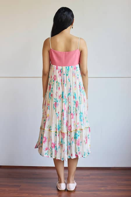 Shop Juanita By Shubhda Ivory Chanderi Square Neck Floral Print Pleated Flare Midi Dress at Aza Fashions Shop_Juanita By Shubhda_Ivory Chanderi Square Neck Floral Print Pleated Flare Midi Dress _at_Aza_Fashions