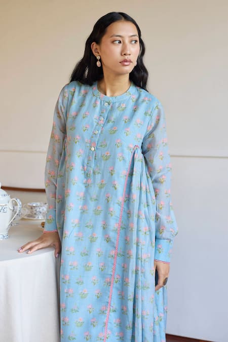 Juanita By Shubhda_Blue Chanderi Round Neck Powder Bloom Print Midi Dress _Online_at_Aza_Fashions