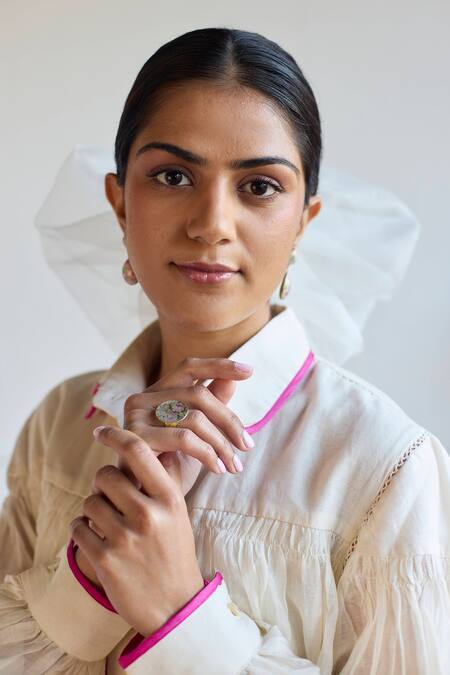 Buy Juanita By Shubhda Ivory Chanderi Collared Smocked Detail Balloon Sleeve Shirt Online at Aza Fashions Buy_Juanita By Shubhda_Ivory Chanderi Collared Smocked Detail Balloon Sleeve Shirt _Online_at_Aza_Fashions