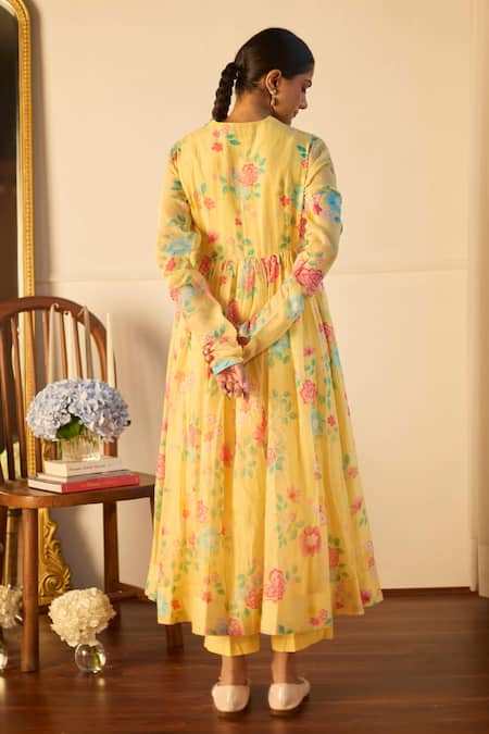 Shop Juanita By Shubhda Yellow Chanderi Round Neck Florette Print Anarkali Set at Aza Fashions Shop_Juanita By Shubhda_Yellow Chanderi Round Neck Florette Print Anarkali Set _at_Aza_Fashions