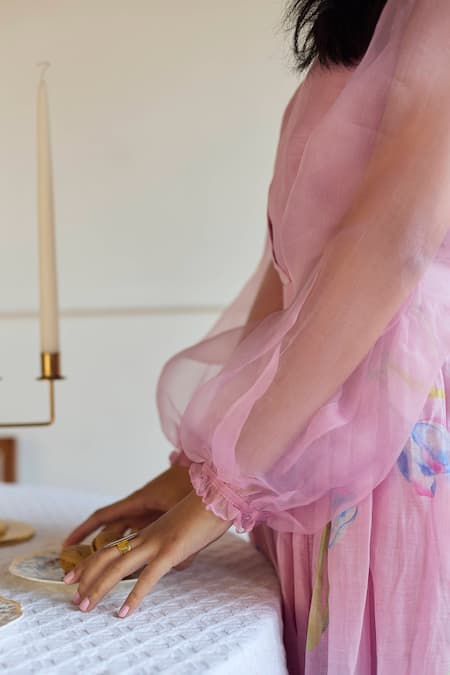 Juanita By Shubhda_Purple Chanderi Collared Lilac Balloon Sleeves Shirt _Online_at_Aza_Fashions