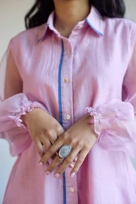 Buy_Juanita By Shubhda_Purple Chanderi Collared Lilac Balloon Sleeves Shirt _Online_at_Aza_Fashions