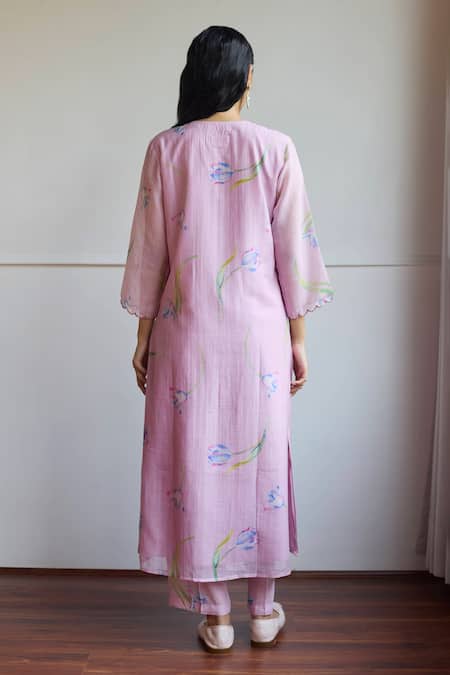 Shop Juanita By Shubhda Purple Chanderi Scoop Neck Tulip Farm Print Kurta Pant Set at Aza Fashions Shop_Juanita By Shubhda_Purple Chanderi Scoop Neck Tulip Farm Print Kurta Pant Set _at_Aza_Fashions