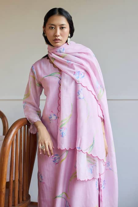 Buy Juanita By Shubhda Purple Chanderi Scoop Neck Tulip Farm Print Kurta Pant Set Buy_Juanita By Shubhda_Purple Chanderi Scoop Neck Tulip Farm Print Kurta Pant Set