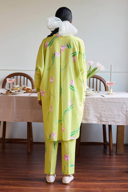 Shop Juanita By Shubhda Yellow Cotton Round Neck Tulip Blossom Print Kurta Set at Aza Fashions Shop_Juanita By Shubhda_Yellow Cotton Round Neck Tulip Blossom Print Kurta Set _at_Aza_Fashions