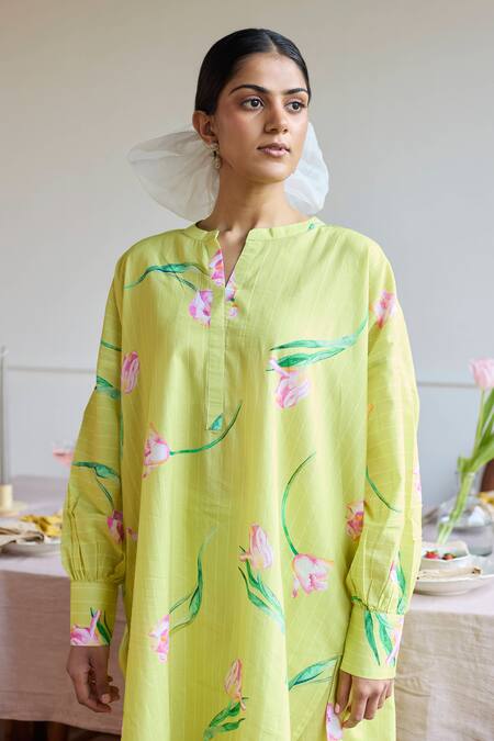 Buy Juanita By Shubhda Yellow Cotton Round Neck Tulip Blossom Print Kurta Set Online at Aza Fashions Buy_Juanita By Shubhda_Yellow Cotton Round Neck Tulip Blossom Print Kurta Set _Online_at_Aza_Fashions
