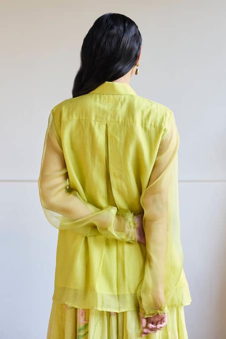 Shop Juanita By Shubhda Yellow Chanderi Collared Lime Balloon Sleeve Shirt at Aza Fashions Shop_Juanita By Shubhda_Yellow Chanderi Collared Lime Balloon Sleeve Shirt _at_Aza_Fashions