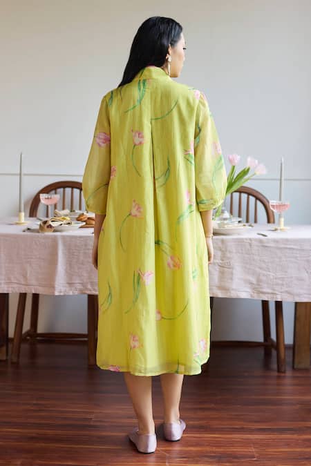 Shop Juanita By Shubhda Yellow Chanderi V-neck Lime Tulip Print Midi Dress at Aza Fashions Shop_Juanita By Shubhda_Yellow Chanderi V-neck Lime Tulip Print Midi Dress _at_Aza_Fashions