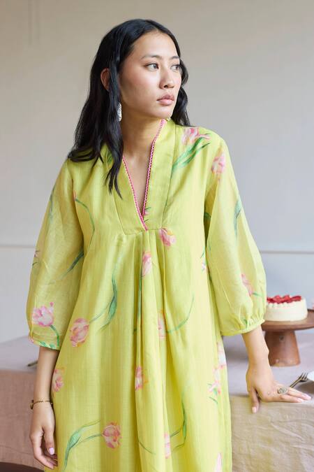 Juanita By Shubhda Yellow Chanderi V-neck Lime Tulip Print Midi Dress Online at Aza Fashions Juanita By Shubhda_Yellow Chanderi V-neck Lime Tulip Print Midi Dress _Online_at_Aza_Fashions