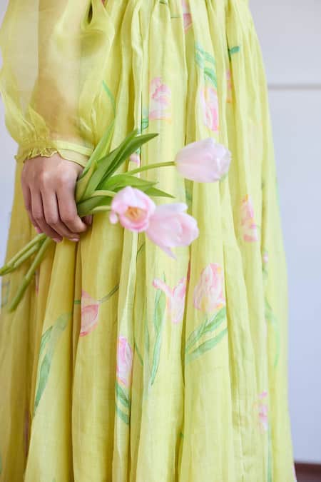 Juanita By Shubhda_Yellow Chanderi Tulip Print Skirt _Online_at_Aza_Fashions