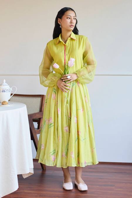 Shop_Juanita By Shubhda_Yellow Chanderi Tulip Print Skirt _at_Aza_Fashions
