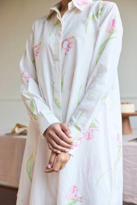 Juanita By Shubhda Ivory Cotton Collared Tulip Print Shirt Tunic And Pant Set Online at Aza Fashions Juanita By Shubhda_Ivory Cotton Collared Tulip Print Shirt Tunic And Pant Set _Online_at_Aza_Fashions