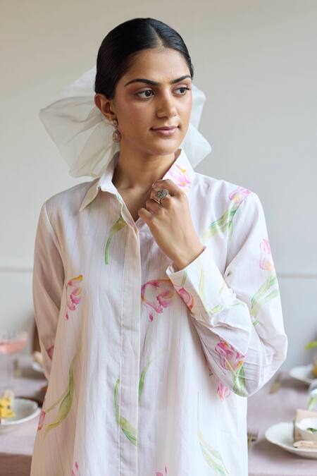 Buy Juanita By Shubhda Ivory Cotton Collared Tulip Print Shirt Tunic And Pant Set Online at Aza Fashions Buy_Juanita By Shubhda_Ivory Cotton Collared Tulip Print Shirt Tunic And Pant Set _Online_at_Aza_Fashions