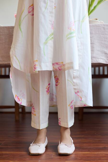 Shop Juanita By Shubhda Ivory Cotton Collared Tulip Print Shirt Tunic And Pant Set Online at Aza Fashions Shop_Juanita By Shubhda_Ivory Cotton Collared Tulip Print Shirt Tunic And Pant Set _Online_at_Aza_Fashions