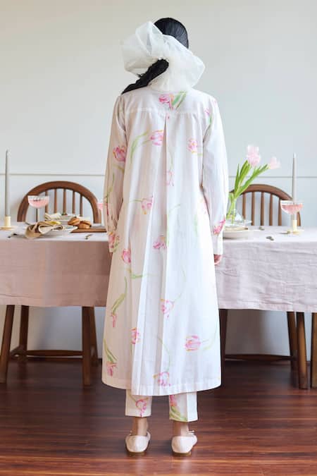 Shop Juanita By Shubhda Ivory Cotton Collared Tulip Print Shirt Tunic And Pant Set at Aza Fashions Shop_Juanita By Shubhda_Ivory Cotton Collared Tulip Print Shirt Tunic And Pant Set _at_Aza_Fashions