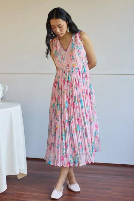 Juanita By Shubhda_Pink Chanderi V-neck Nora Printed Dress _Online_at_Aza_Fashions