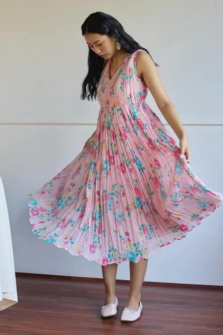 Buy_Juanita By Shubhda_Pink Chanderi V-neck Nora Printed Dress _Online_at_Aza_Fashions