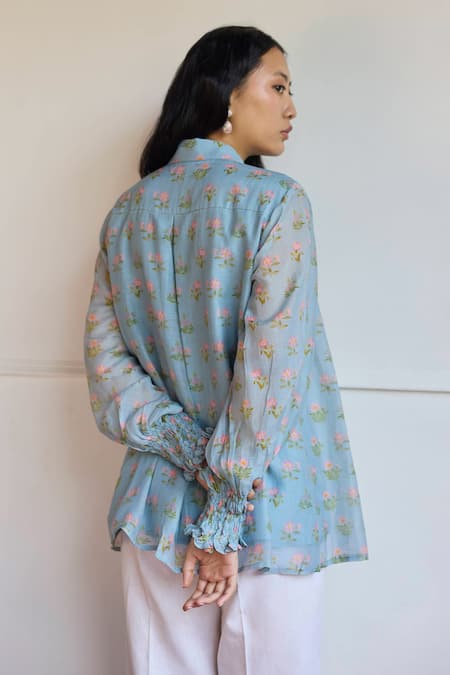 Shop Juanita By Shubhda Blue Chanderi Collared Floral Print Smocked Shirt at Aza Fashions Shop_Juanita By Shubhda_Blue Chanderi Collared Floral Print Smocked Shirt _at_Aza_Fashions