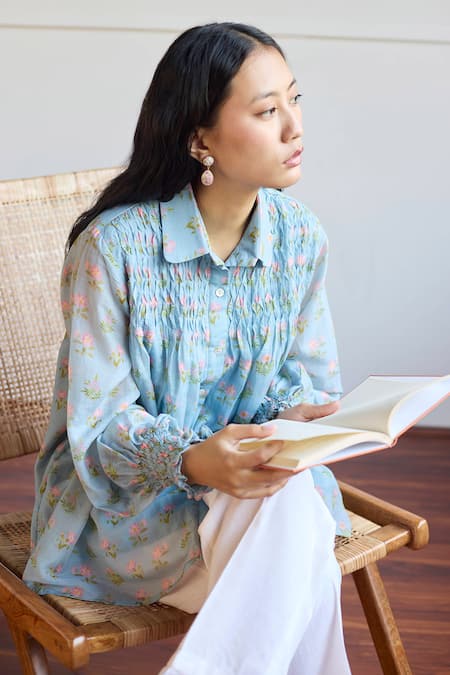 Buy Juanita By Shubhda Blue Chanderi Collared Floral Print Smocked Shirt Online at Aza Fashions Buy_Juanita By Shubhda_Blue Chanderi Collared Floral Print Smocked Shirt _Online_at_Aza_Fashions