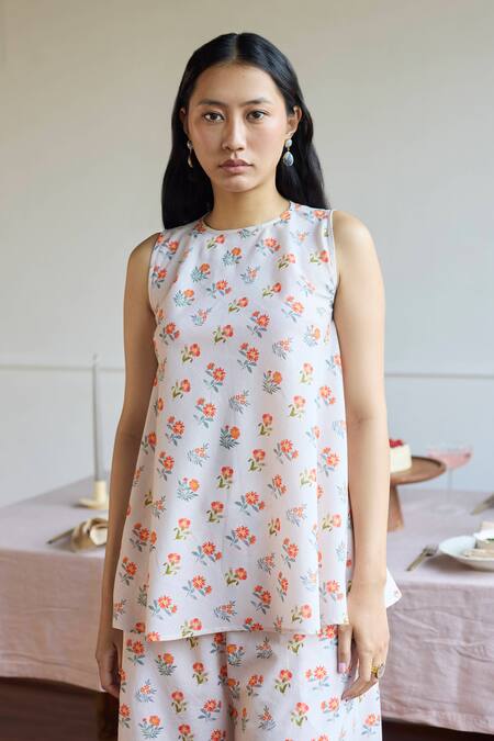 Buy_Juanita By Shubhda_Beige Cotton Round Neck Floral Printed Tunic And Pant Set _Online_at_Aza_Fashions