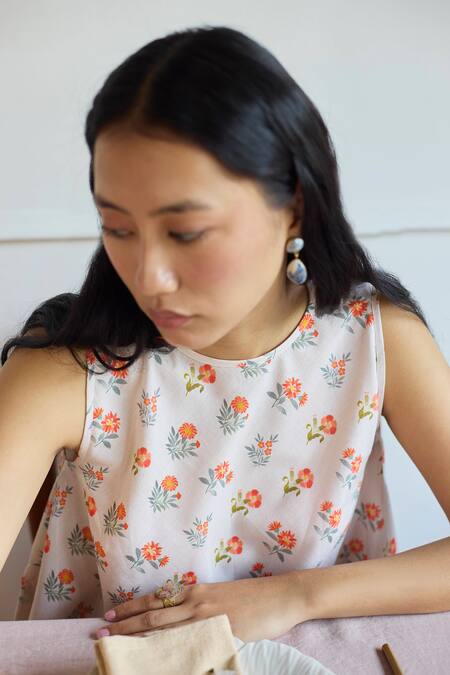 Shop_Juanita By Shubhda_Beige Cotton Round Neck Floral Printed Tunic And Pant Set _Online_at_Aza_Fashions