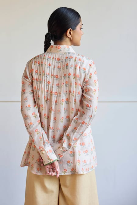 Shop Juanita By Shubhda Beige Chanderi Embroidery Collared Floral Printed Shirt at Aza Fashions Shop_Juanita By Shubhda_Beige Chanderi Embroidery Collared Floral Printed Shirt _at_Aza_Fashions