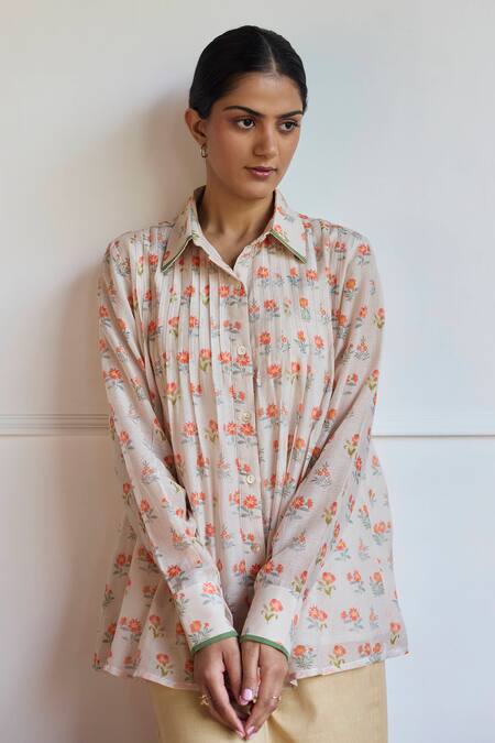 Juanita By Shubhda Beige Chanderi Embroidery Collared Floral Printed Shirt Online at Aza Fashions Juanita By Shubhda_Beige Chanderi Embroidery Collared Floral Printed Shirt _Online_at_Aza_Fashions