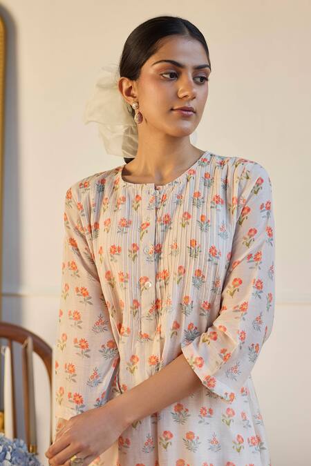Shop_Juanita By Shubhda_Beige Chanderi Round Neck Floral Print Kurta And Pant Set _Online_at_Aza_Fashions