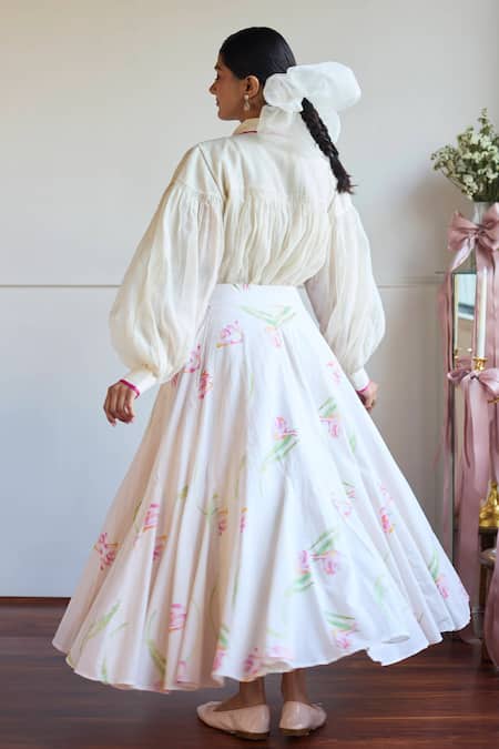 Shop_Juanita By Shubhda_Ivory Cotton Tulip Print Long Skirt _at_Aza_Fashions
