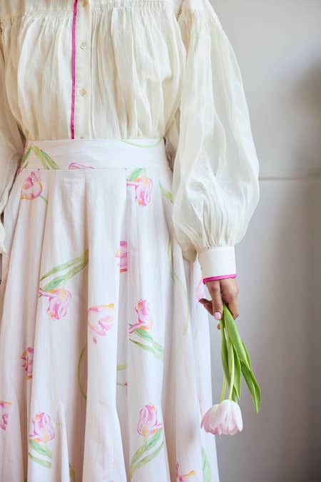 Juanita By Shubhda_Ivory Cotton Tulip Print Long Skirt _Online_at_Aza_Fashions