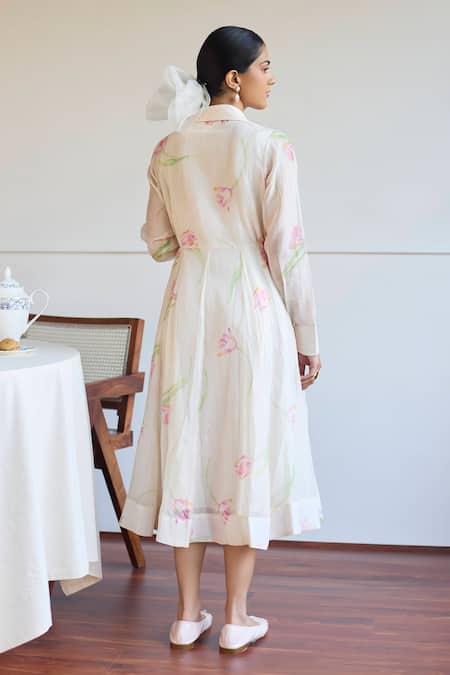 Shop Juanita By Shubhda Ivory Chanderi Collared Tulip Print Jacket Dress at Aza Fashions Shop_Juanita By Shubhda_Ivory Chanderi Collared Tulip Print Jacket Dress _at_Aza_Fashions