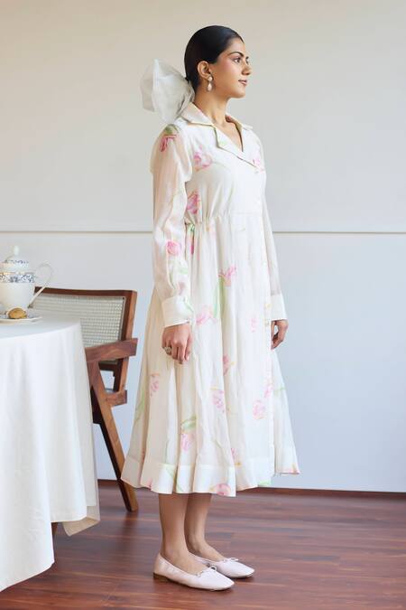 Juanita By Shubhda Ivory Chanderi Collared Tulip Print Jacket Dress Online at Aza Fashions Juanita By Shubhda_Ivory Chanderi Collared Tulip Print Jacket Dress _Online_at_Aza_Fashions