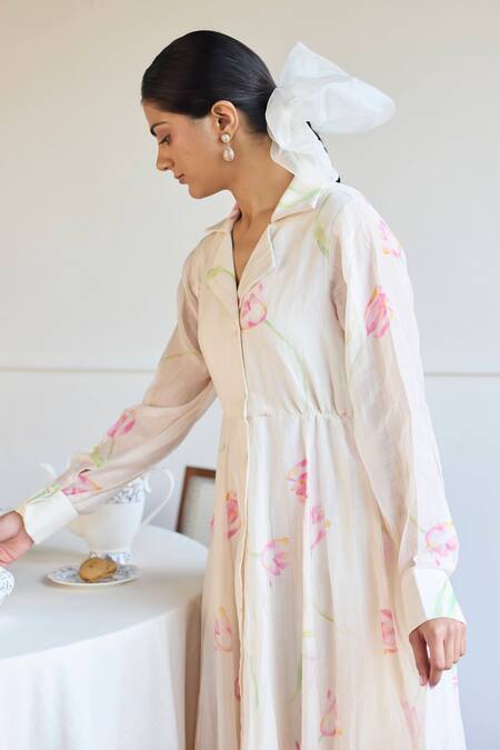 Buy Juanita By Shubhda Ivory Chanderi Collared Tulip Print Jacket Dress Online at Aza Fashions Buy_Juanita By Shubhda_Ivory Chanderi Collared Tulip Print Jacket Dress _Online_at_Aza_Fashions
