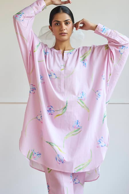 Juanita By Shubhda Purple Cotton Mandarin Collar Lilac Tulip Print Kurta Set Online at Aza Fashions Juanita By Shubhda_Purple Cotton Mandarin Collar Lilac Tulip Print Kurta Set _Online_at_Aza_Fashions