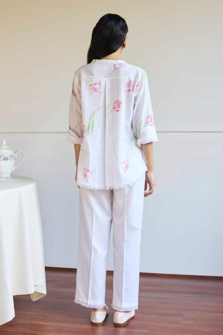 Juanita By Shubhda Ivory Cotton Tulip Print Shirt & Pant Set 